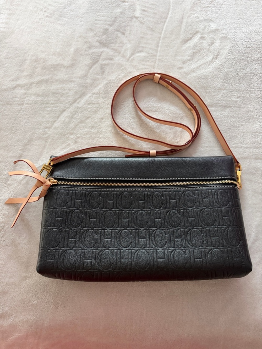 Carolina Herrera Black CH Leather clutch with removable tan leather strap